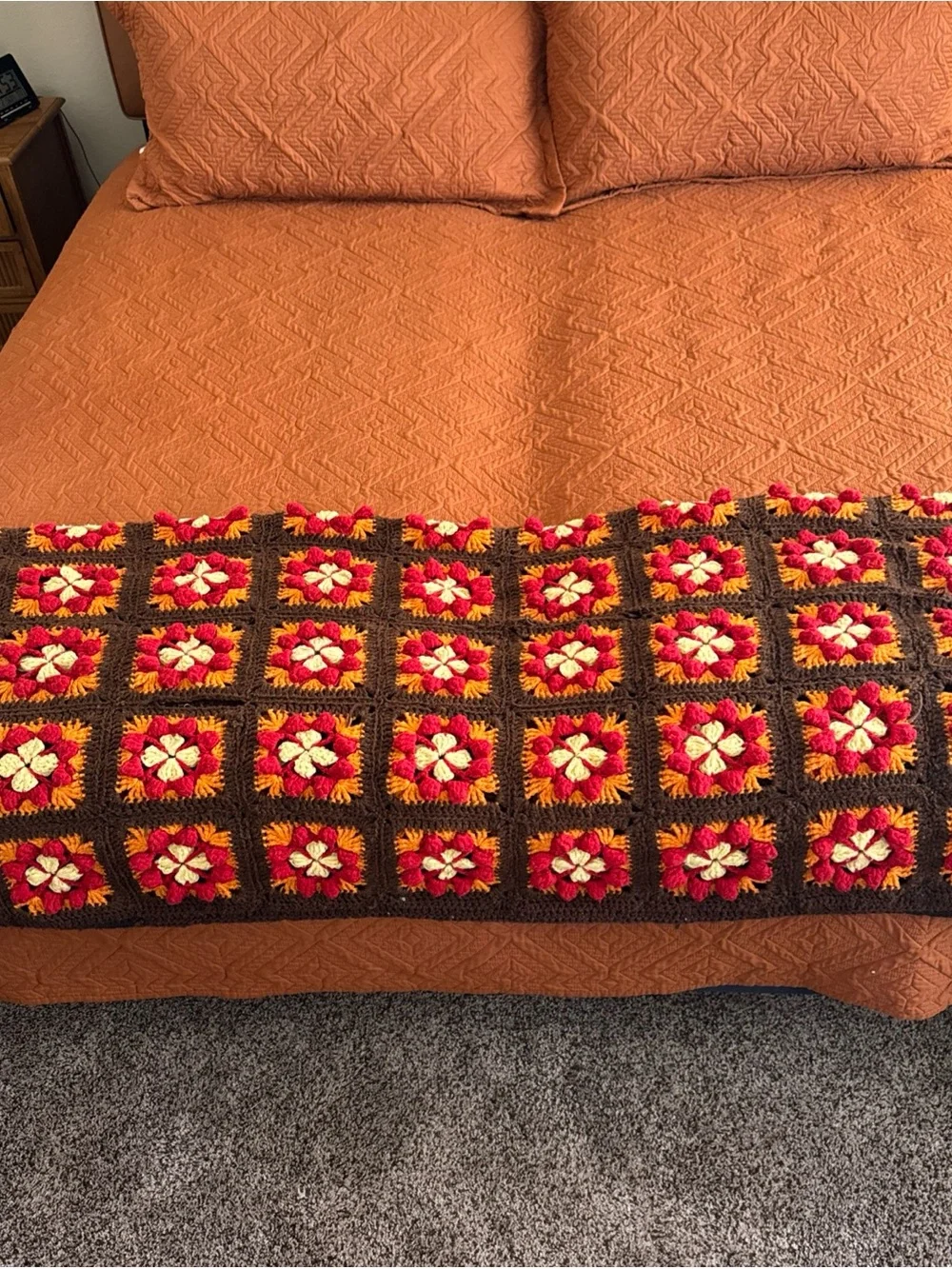 Handmade Crochet Granny Square Afghan Throw 94x51 Floral Brown Red Orange AS-IS
